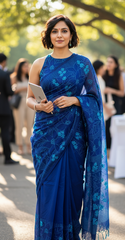 HANDLOOM COTTON- BLUE HAND EMBROIDERED- EMBROIDERY SAREES COLLECTION | simmpli ethnicc