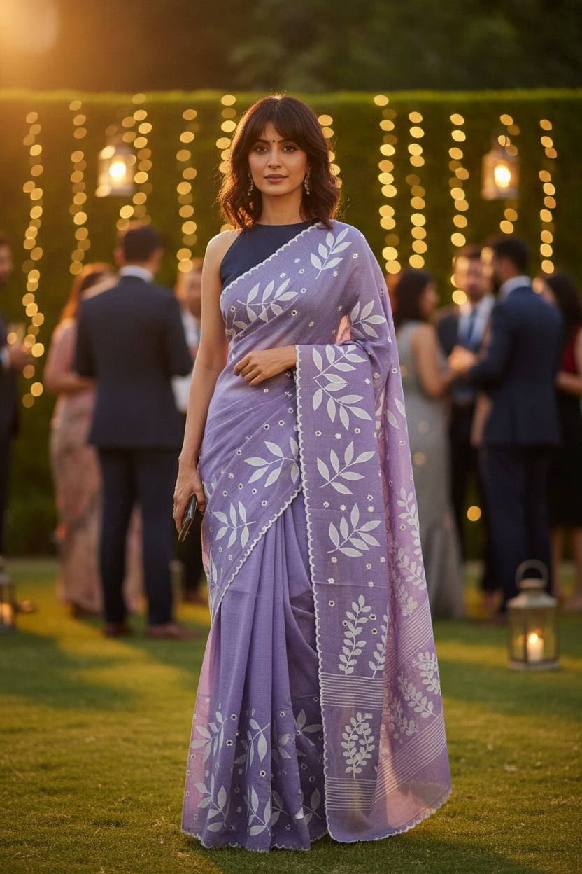 Pure Cotton Saree- Soft Periwinkle Purple-White Applique Work