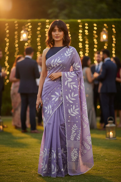 Pure Cotton Saree- Soft Periwinkle Purple-White Applique Work