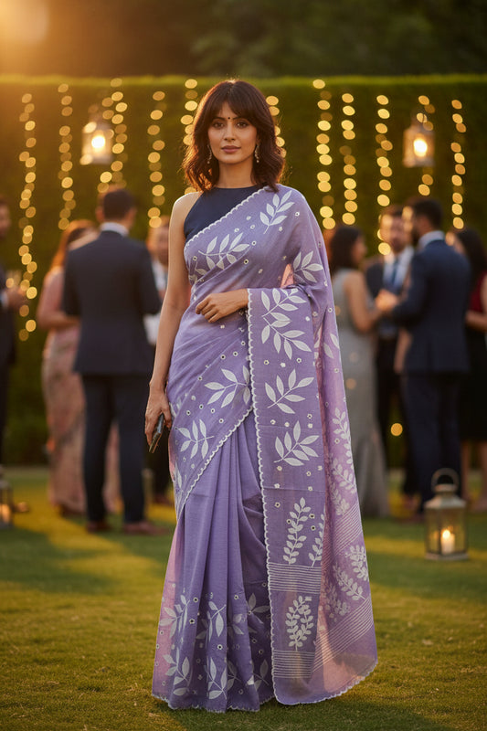 Pure Cotton Saree- Soft Periwinkle Purple-White Applique Work