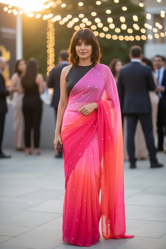 PURE CHIFFON SAREE-FRENCH FUCHSIA - TYE-DYE -MUKESH- CHIFFON SAREE COLLECTION | simmpli ethnicc