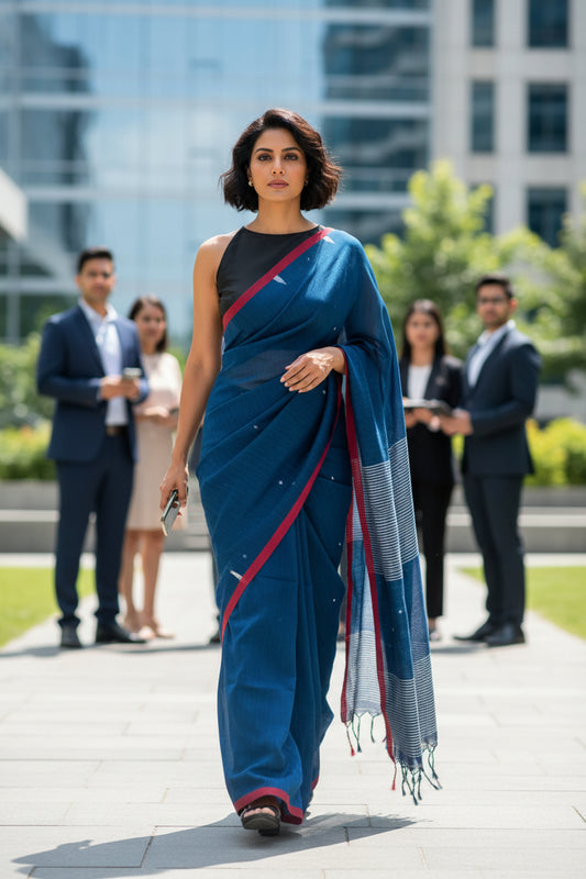 FINE HANDLOOM COTTON SAREE-DEEP SEA BLUE-RESBERRY PINK BORDER- PURE COTTON SAREE COLLECTION | simmpli ethnicc