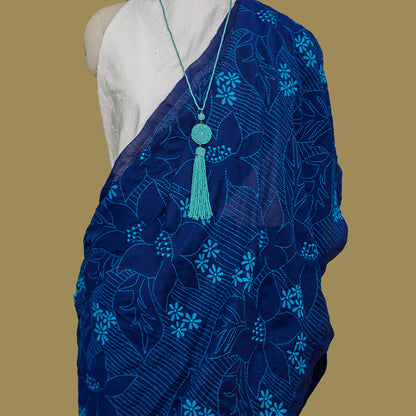 Blue Hand Embroidered cotton Saree | simmpli ethnicc