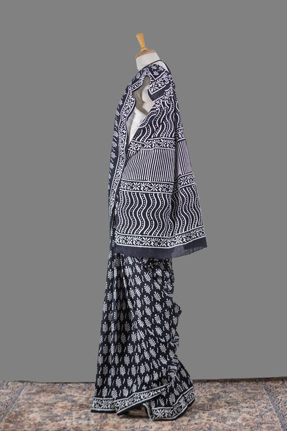 Block Printed Black Cotton Saree | simmpli ethnicc