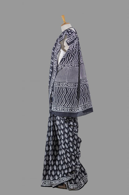 Mul Cotton saree-Charcoal Black-Block Print