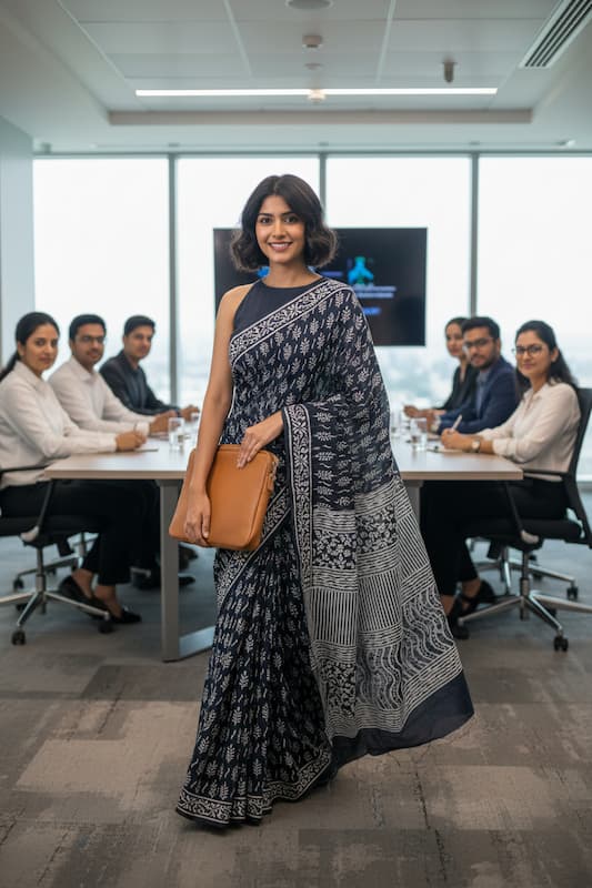 Mul Cotton saree-Charcoal Black-Block Print