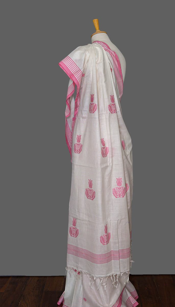 Soft Cotton Saree Ivory White – Pink Booti Handwoven