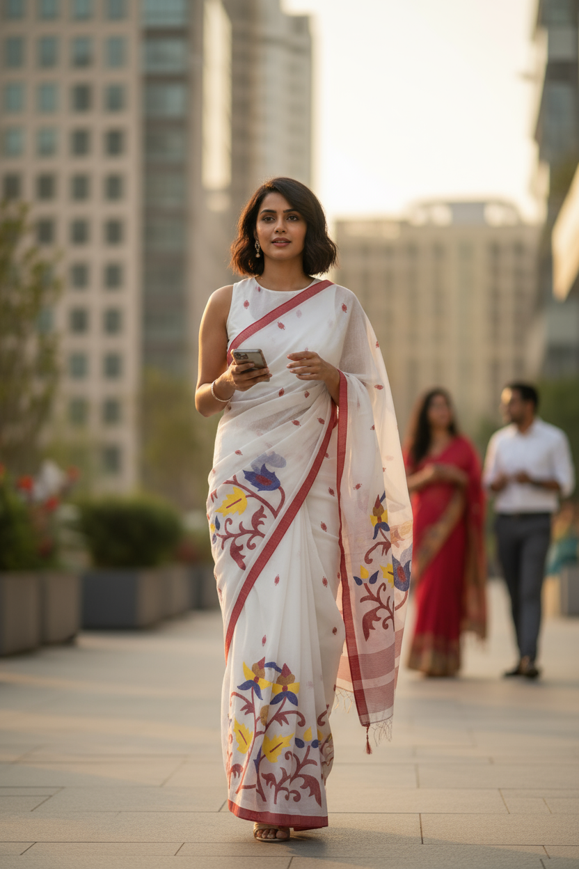 KHADI COTTON SAREE- WHITE-RED- HANDWOVEN - KHADI COTTON SAREE COLLECTION | simmpli ethicc
