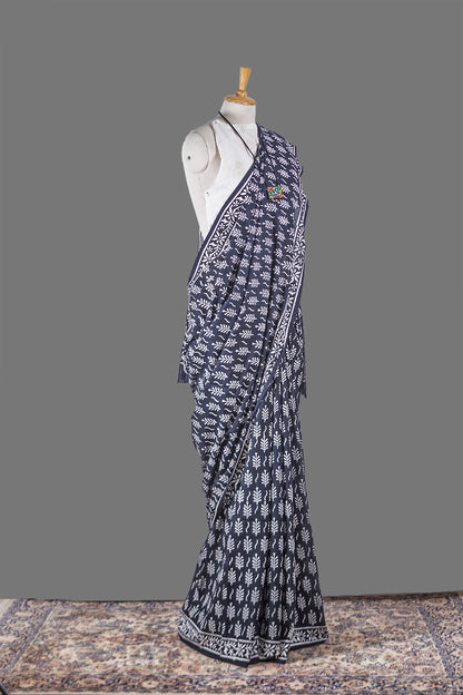 Block Printed Black Cotton Saree | simmpli ethnicc