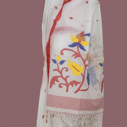 White & Red Muslin Saree - Handwoven | intricate woven Floral Pallu | simmpli ethnicc