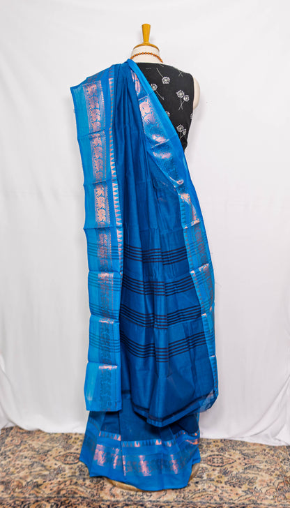 Blue/ golden Border Handloom Cotton Saree