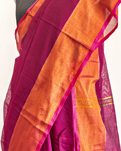 Magenta handloom cotton golden border Saree