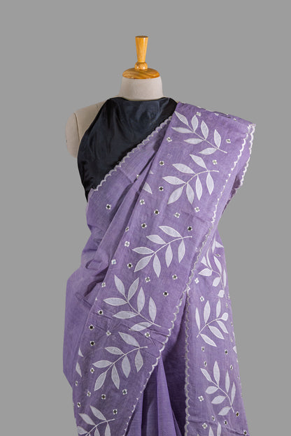 Pure Cotton Saree- Soft Periwinkle Purple-White Applique Work