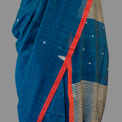 FINE HANDLOOM COTTON SAREE-DEEP SEA BLUE-RESBERRY PINK BORDER- PURE COTTON SAREE COLLECTION | simmpli ethnicc