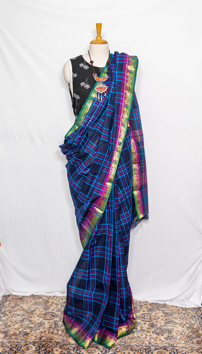 Blue Chequred Handloom Cotton saree