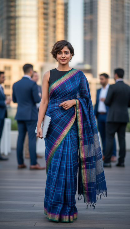 HANDLOOM COTTON SAREE-BLACK-BLUE CHECKERED-HANDLOOM COTTON SAREE | simmpli ethnicc