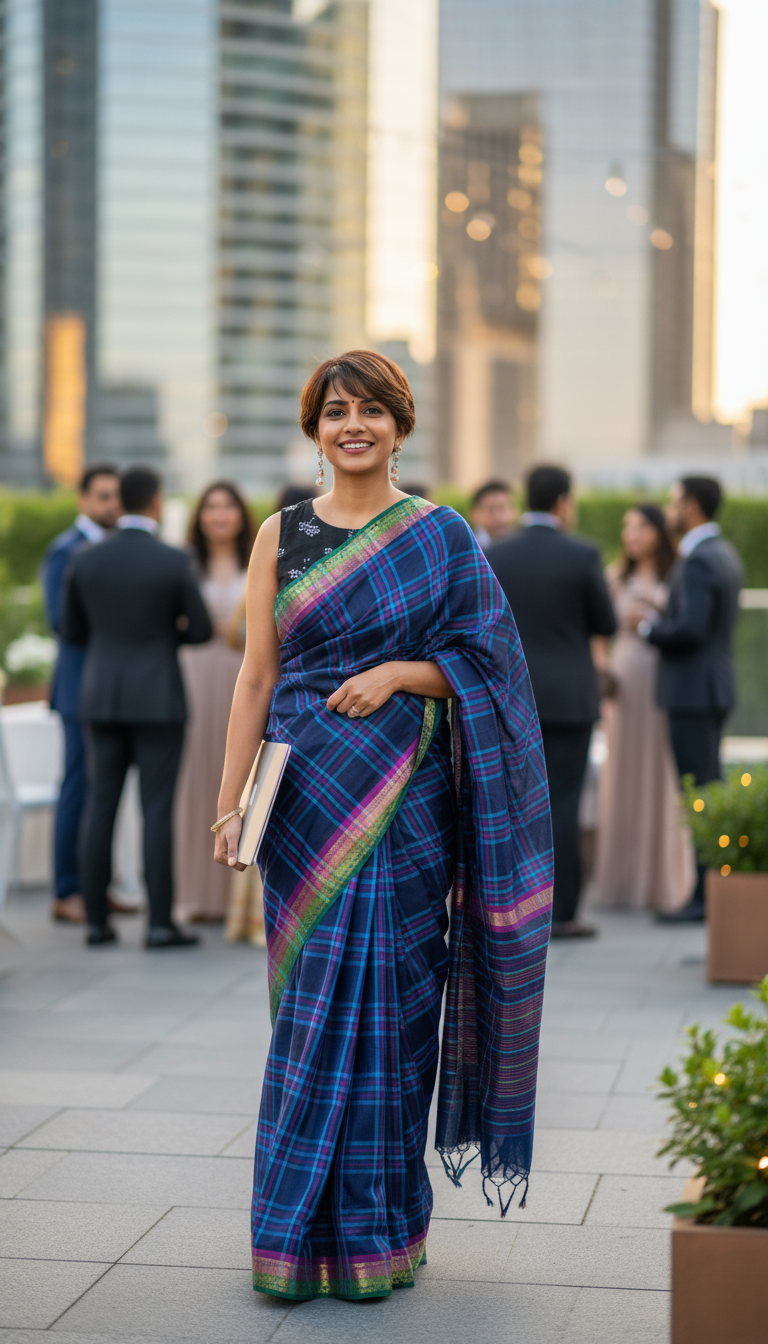 HANDLOOM COTTON SAREE-BLACK-BLUE CHECKERED-HANDLOOM COTTON SAREE | simmpli ethnicc