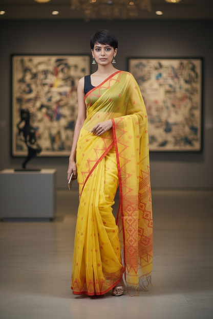 MUSLIN SILK SAREE-YELLOW HANDWOVEN - PARTY WEAR COLLECTION | simmpli ethnicc