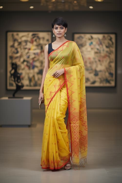Muslin Silk Saree-Yellow-Handwoven