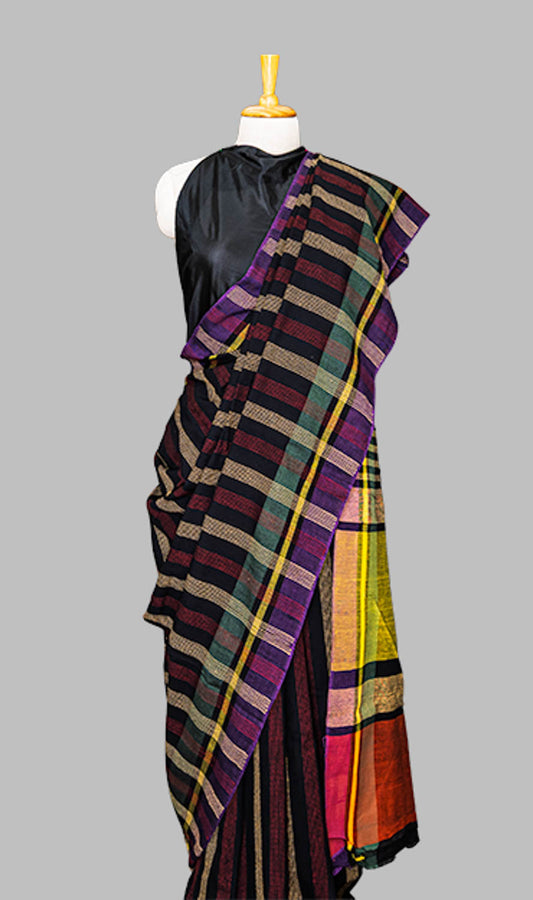 Black & Purple Stripes Handwove cotton Saree | simmpli ethnicc