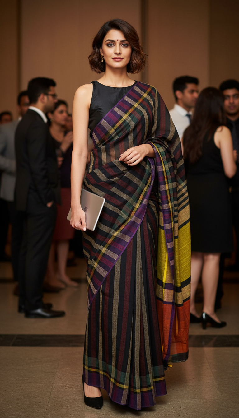 HANDWOVEN KHADI COTTON SAREE-BLACK-PURPLE-STRIPED -KHADI COTTON SAREE COLLECTION | simmpli ethnicc