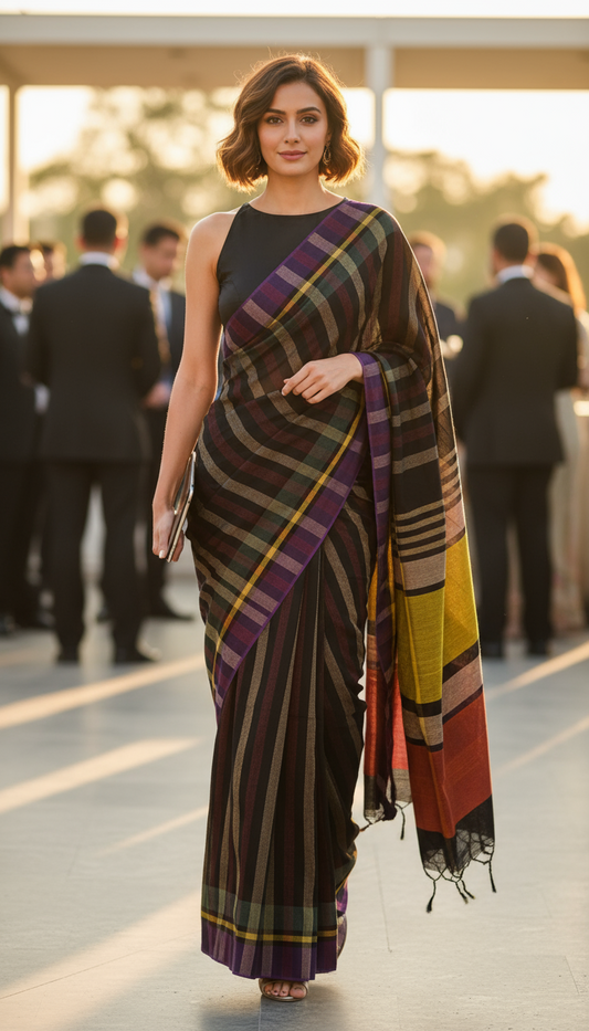 HANDWOVEN KHADI COTTON SAREE-BLACK-PURPLE-STRIPED -KHADI COTTON SAREE COLLECTION | simmpli ethnicc