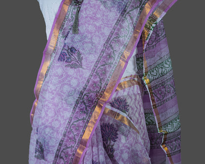 Purple Kota Doria Saree-Floral Print | simmpli ethnicc