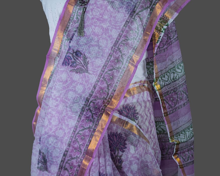 Kota Doria Saree-Purple-Lavender- Floral Print