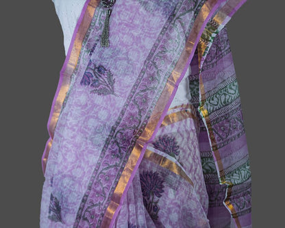 Kota Doria Saree-Purple-Lavender- Floral Print