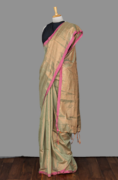 HANDLOOM COTTON TISSUE SAREEE-BEIGE-SHIMMER-HANDLOOM SAREE COLLECTION | simmpli ethnicc