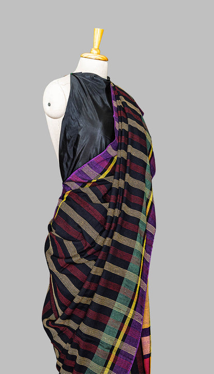 Black & Purple Stripes Handwove cotton Saree | simmpli ethnicc