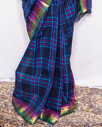 Blue Chequred Handloom Cotton saree