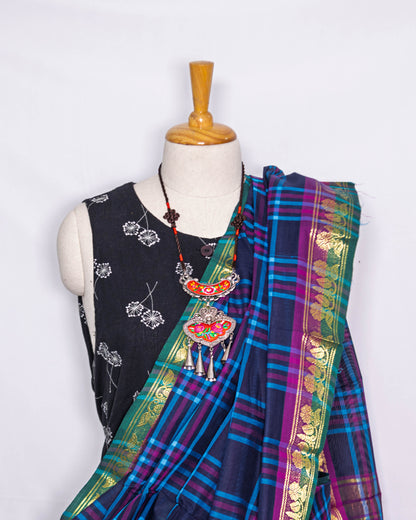 Blue Chequred Handloom Cotton saree