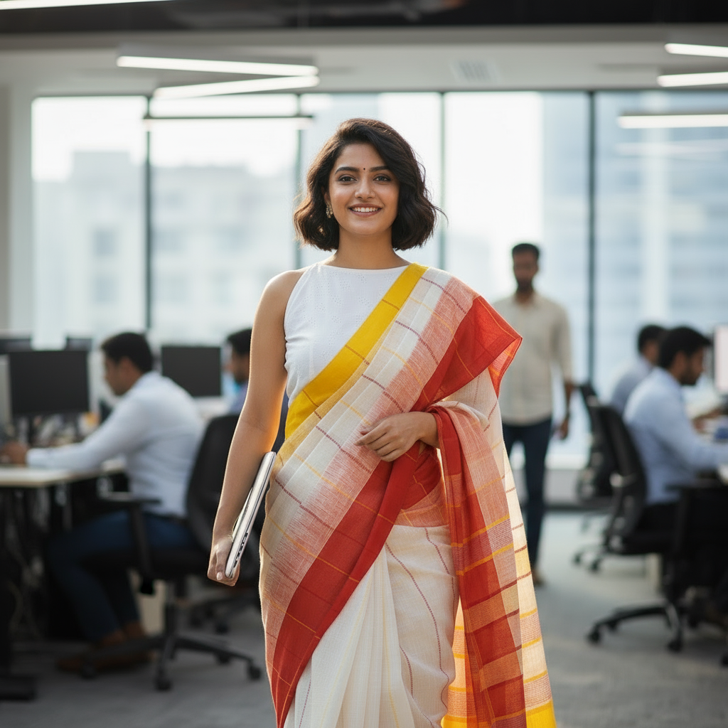 HANDLOOM KHADI COTTON SAREE-WHITE-YELLOW-RED HANDWOVEN-KHADI COTTON SAREE COLLECTION | simmpli ethnicc