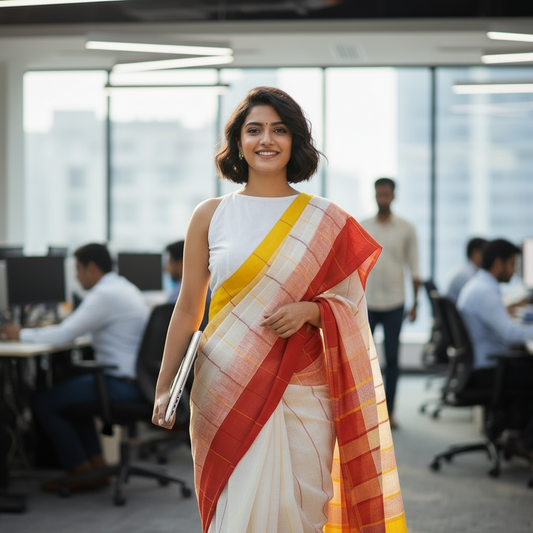 KHADI COTTON SAREE-WHITE-YELLOW-RED HANDWOVEN-KHADI COTTON SAREE COLLECTION | simmpli ethnicc