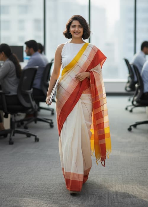 Handloom Khadi Cotton Saree – White with Yellow & Red Border