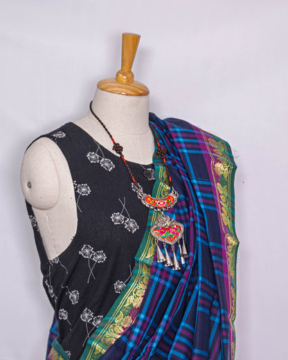 Blue Chequred Handloom Cotton saree