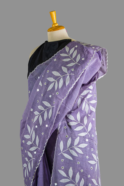 Pure Cotton Saree- Soft Periwinkle Purple-White Applique Work