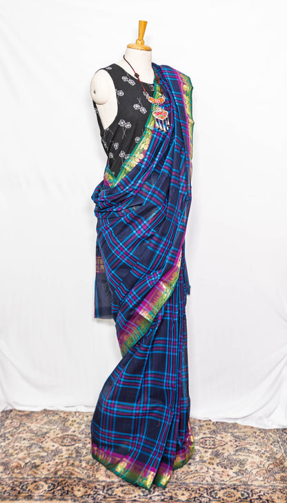 Blue Chequred Handloom Cotton saree