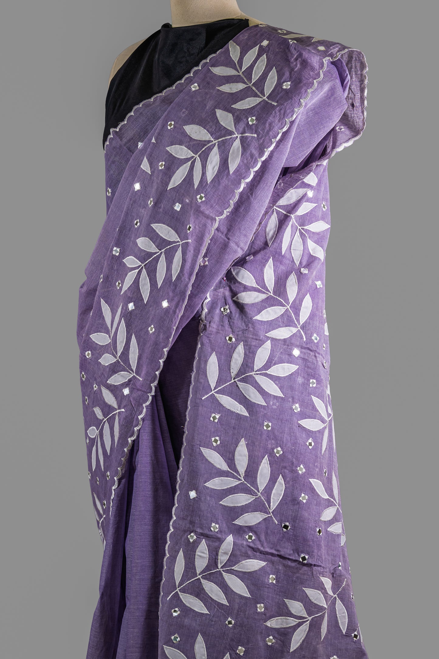 Pure Cotton Saree- Soft Periwinkle Purple-White Applique Work