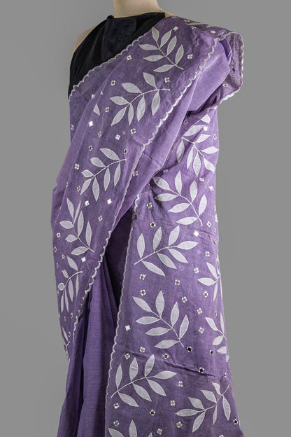Pure Cotton Saree- Soft Periwinkle Purple-White Applique Work