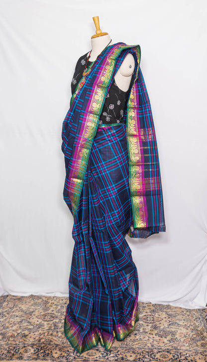 Blue Chequred Handloom Cotton saree