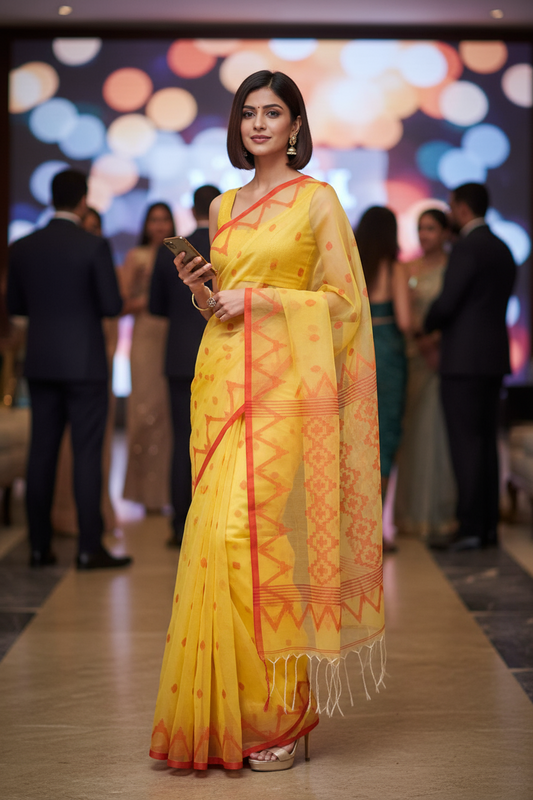 MUSLIN SILK SAREE - PEACH/CORAL RED HANDWOVEN - PARTY WEAR COLLECTION | simmpli ethnicc