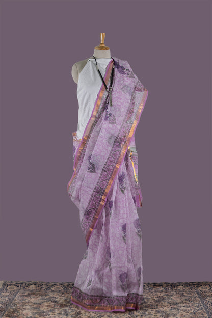 Purple Kota Doria Saree-Floral Print | simmpli ethnicc