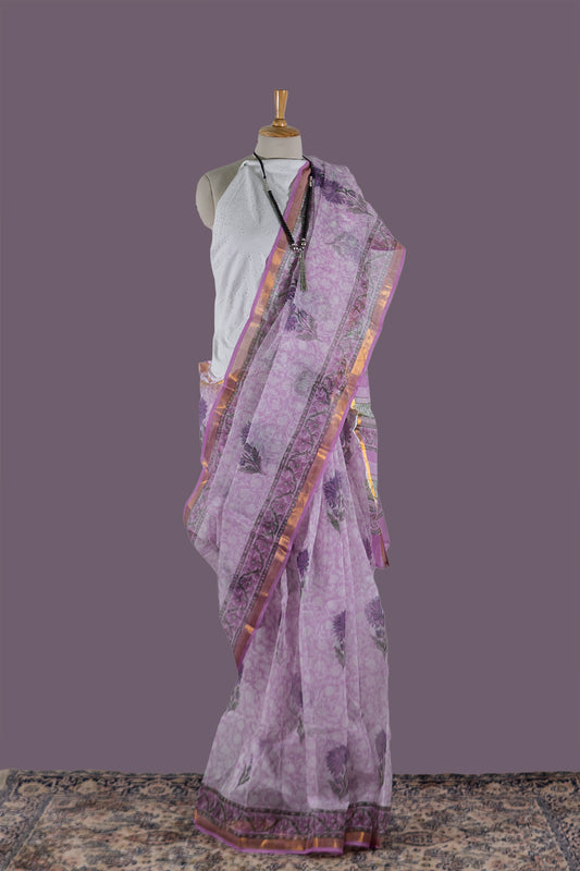 Purple Kota Doria Saree-Floral Print | simmpli ethnicc