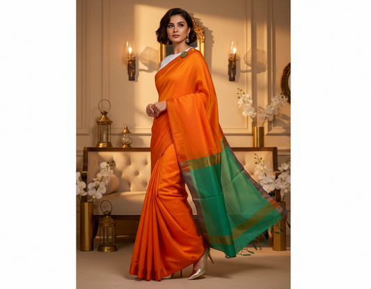 HANDLOOM COTTON SILK SAREE- ORANGE - COTTON SILK SAREE COLLECTION | simmpli ethnicc
