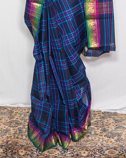 Blue Chequred Handloom Cotton saree