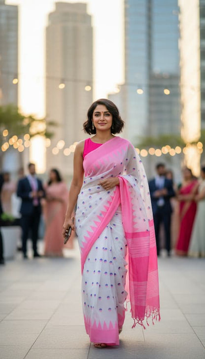 Handloom Cotton saree-White-Pink Border-Blue-Pink Booties-Handwoven