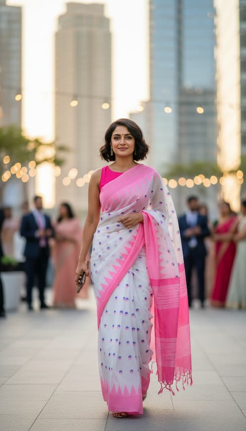 Handloom Cotton saree-White-Pink Border-Blue-Pink Booties-Handwoven