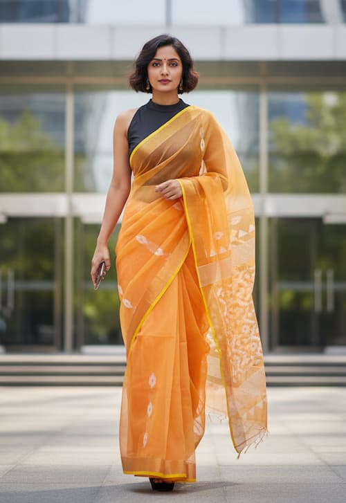 Muslin Silk Saree-Peach-Coral Red-Handwoven